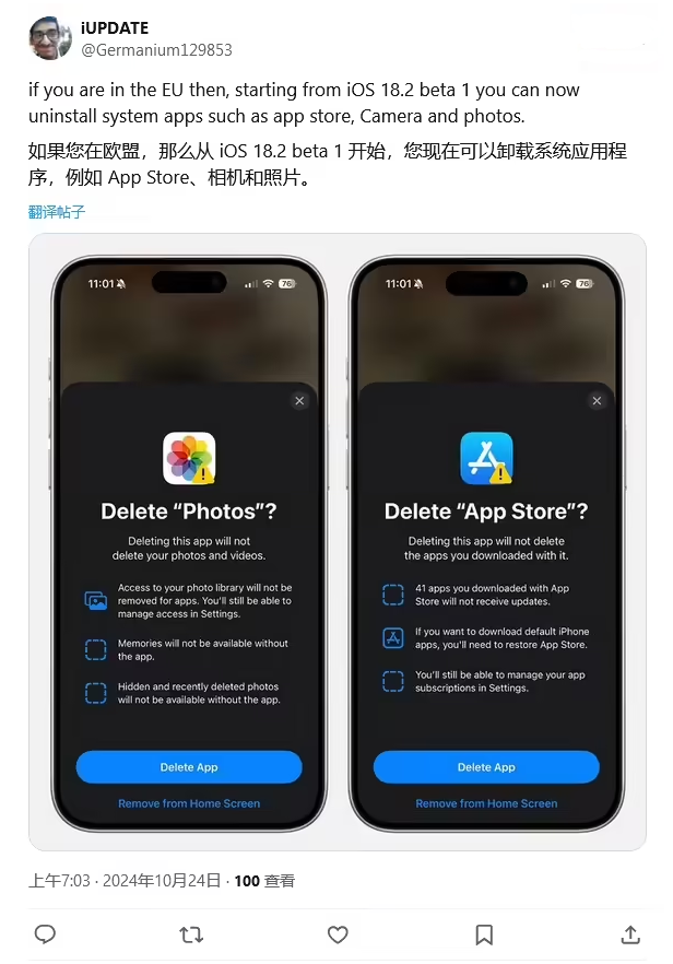 陕西苹果手机维修分享iOS 18.2 支持删除 App Store 应用商店 