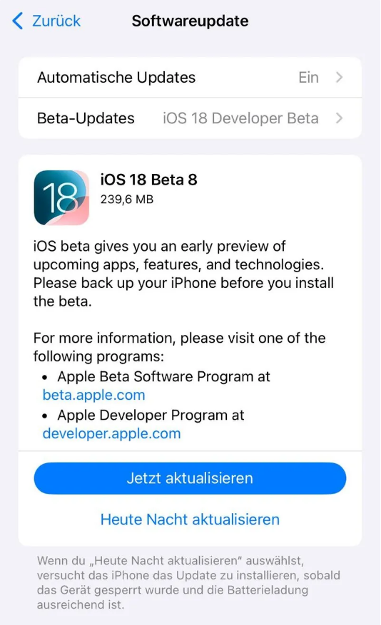 陕西苹果手机维修分享苹果 iOS / iPadOS 18 开发者预览版 Beta 8 发布 